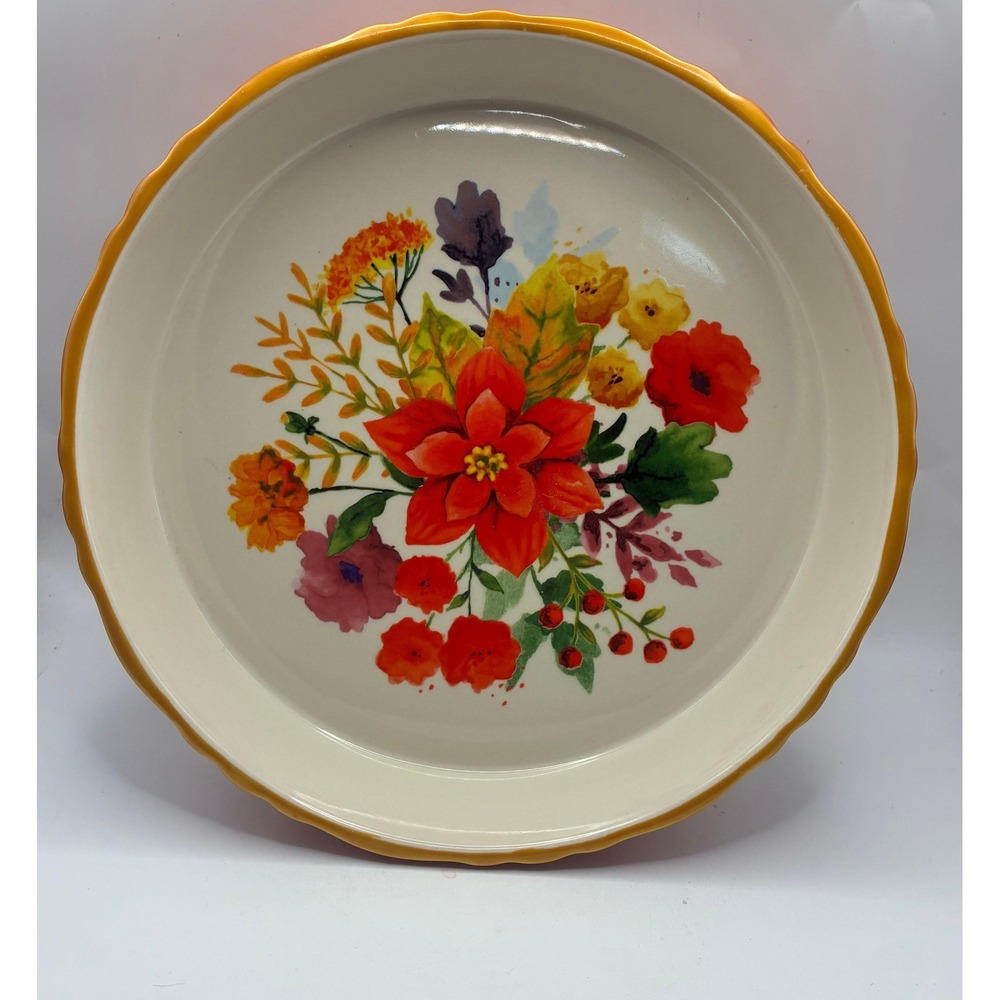 The Pioneer Woman Pie Pan 9in Red Winter Bouquet Floral Stoneware Scalloped Rim